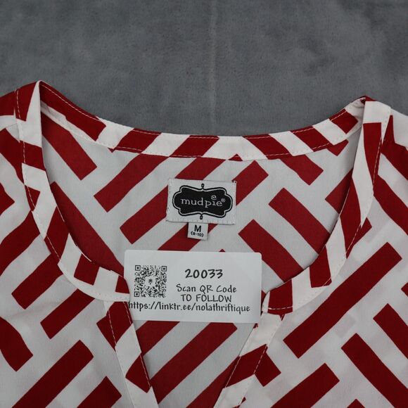 Mud Pie Shirt Womens M Red White Sleeveless Button Polyester Geometric Blouse - Picture 8 of 16
